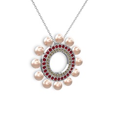 Pembe inci, dumanlı kuvars ve garnet 18 ayar beyaz altın kolye (40 cm beyaz altın rolo zincir)