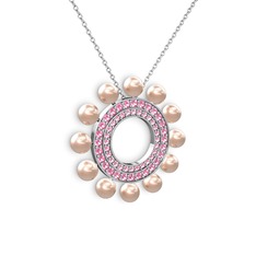 Pembe inci ve pembe kuvars 8 ayar beyaz altın kolye (40 cm beyaz altın rolo zincir)