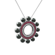 Velinda İnci Kolye - Siyah inci, pırlanta ve rodolit garnet 925 ayar siyah rodyum kaplama gümüş kolye (0.42 karat, 40 cm gümüş rolo zincir) #7bitc0