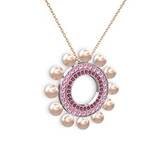 Pembe inci, rodolit garnet ve pembe kuvars 18 ayar beyaz altın kolye (40 cm rose altın rolo zincir)