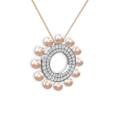 Pembe inci, pırlanta ve swarovski 18 ayar beyaz altın kolye (0.42 karat, 40 cm rose altın rolo zincir)