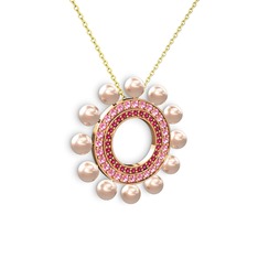 Velinda İnci Kolye - Pembe inci, rodolit garnet ve pembe kuvars 14 ayar rose altın kolye (40 cm altın rolo zincir) #7g5byg