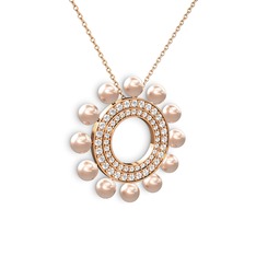 Velinda İnci Kolye - Pembe inci, pırlanta ve swarovski 8 ayar rose altın kolye (0.42 karat, 40 cm gümüş rolo zincir) #7kkpyy