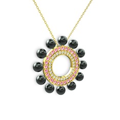 Velinda İnci Kolye - Siyah inci, swarovski ve pembe kuvars 18 ayar altın kolye (40 cm altın rolo zincir) #7p02xq