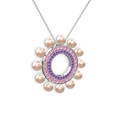 Velinda İnci Kolye - Pembe inci, ametist ve pembe kuvars 18 ayar beyaz altın kolye (40 cm beyaz altın rolo zincir) #7pfgm7