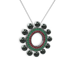 Velinda İnci Kolye - Siyah inci, garnet ve yeşil kuvars 925 ayar siyah rodyum kaplama gümüş kolye (40 cm beyaz altın rolo zincir) #7x6nbe