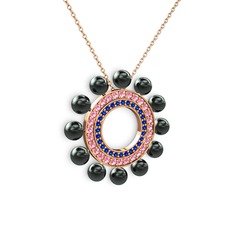 Velinda İnci Kolye - Siyah inci, lab safir ve pembe kuvars 925 ayar rose altın kaplama gümüş kolye (40 cm rose altın rolo zincir) #8fewlt