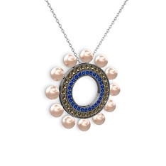 Velinda İnci Kolye - Pembe inci, lab safir ve dumanlı kuvars 925 ayar siyah rodyum kaplama gümüş kolye (40 cm beyaz altın rolo zincir) #8gk3ez