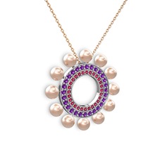 Velinda İnci Kolye - Pembe inci, rodolit garnet ve ametist 925 ayar gümüş kolye (40 cm rose altın rolo zincir) #8lp12o
