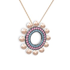 Velinda İnci Kolye - Pembe inci, akuamarin ve pembe kuvars 925 ayar siyah rodyum kaplama gümüş kolye (40 cm rose altın rolo zincir) #8nnhzp