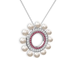 Velinda İnci Kolye - Inci, rodolit garnet ve swarovski 14 ayar beyaz altın kolye (40 cm beyaz altın rolo zincir) #9dp9w4
