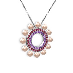 Velinda İnci Kolye - Pembe inci, ametist ve rodolit garnet 14 ayar beyaz altın kolye (40 cm gümüş rolo zincir) #9hj8sf