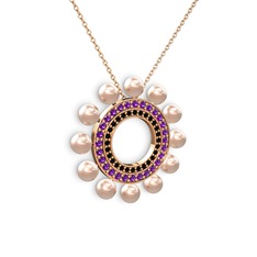 Velinda İnci Kolye - Pembe inci, siyah zirkon ve ametist 925 ayar rose altın kaplama gümüş kolye (40 cm rose altın rolo zincir) #9mx7rs