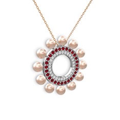 Pembe inci, swarovski ve garnet 8 ayar beyaz altın kolye (40 cm rose altın rolo zincir)