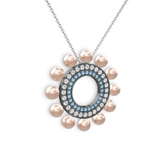 Velinda İnci Kolye - Pembe inci, akuamarin ve swarovski 925 ayar siyah rodyum kaplama gümüş kolye (40 cm beyaz altın rolo zincir) #a6l9g3