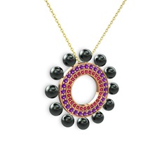 Siyah inci, rodolit garnet ve ametist 8 ayar rose altın kolye (40 cm altın rolo zincir)