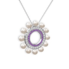 Velinda İnci Kolye - Inci, ametist ve swarovski 925 ayar gümüş kolye (40 cm gümüş rolo zincir) #at7eny