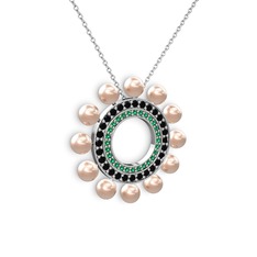 Velinda İnci Kolye - Pembe inci, yeşil kuvars ve siyah zirkon 8 ayar beyaz altın kolye (40 cm beyaz altın rolo zincir) #avhqq9