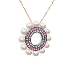 Velinda İnci Kolye - Inci, pırlanta ve pembe kuvars 925 ayar siyah rodyum kaplama gümüş kolye (0.42 karat, 40 cm rose altın rolo zincir) #avjchr