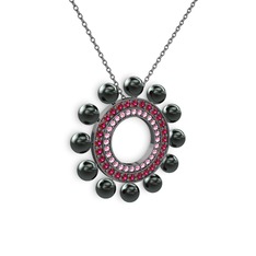 Siyah inci, pembe kuvars ve rodolit garnet 925 ayar siyah rodyum kaplama gümüş kolye (40 cm gümüş rolo zincir)