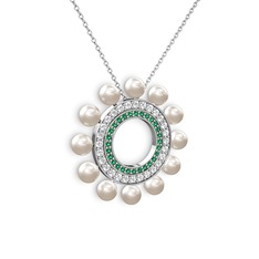 Velinda İnci Kolye - Inci, yeşil kuvars ve pırlanta 18 ayar beyaz altın kolye (0.2464 karat, 40 cm gümüş rolo zincir) #bhd983