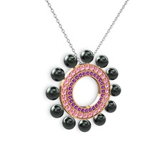 Velinda İnci Kolye - Siyah inci, ametist ve pembe kuvars 8 ayar rose altın kolye (40 cm beyaz altın rolo zincir) #bp1d2r