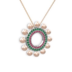 Pembe inci, rodolit garnet ve yeşil kuvars 8 ayar beyaz altın kolye (40 cm rose altın rolo zincir)