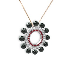 Siyah inci, garnet ve pırlanta 18 ayar beyaz altın kolye (0.2464 karat, 40 cm rose altın rolo zincir)