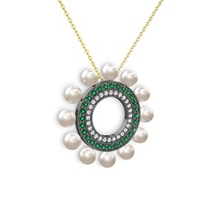 Velinda İnci Kolye - Inci, pırlanta ve yeşil kuvars 925 ayar siyah rodyum kaplama gümüş kolye (0.42 karat, 40 cm gümüş rolo zincir) #ckrx49