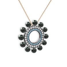 Velinda İnci Kolye - Siyah inci, akuamarin ve swarovski 925 ayar siyah rodyum kaplama gümüş kolye (40 cm rose altın rolo zincir) #clqkzo