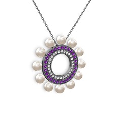 Velinda İnci Kolye - Inci, swarovski ve ametist 925 ayar siyah rodyum kaplama gümüş kolye (40 cm gümüş rolo zincir) #da45et