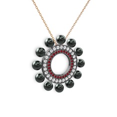 Siyah inci, garnet ve swarovski 925 ayar siyah rodyum kaplama gümüş kolye (40 cm rose altın rolo zincir)