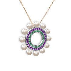 Velinda İnci Kolye - Inci, yeşil kuvars ve ametist 18 ayar beyaz altın kolye (40 cm gümüş rolo zincir) #djigjw