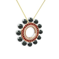 Siyah inci, pırlanta ve garnet 925 ayar rose altın kaplama gümüş kolye (0.42 karat, 40 cm altın rolo zincir)