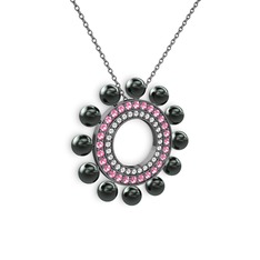 Velinda İnci Kolye - Siyah inci, pırlanta ve pembe kuvars 925 ayar siyah rodyum kaplama gümüş kolye (0.42 karat, 40 cm gümüş rolo zincir) #e0f0le