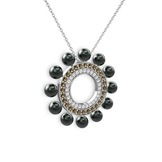 Velinda İnci Kolye - Siyah inci, swarovski ve dumanlı kuvars 925 ayar gümüş kolye (40 cm beyaz altın rolo zincir) #e8rxi2