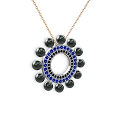 Velinda İnci Kolye - Siyah inci, siyah zirkon ve lab safir 8 ayar beyaz altın kolye (40 cm rose altın rolo zincir) #eiuip1