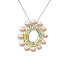 Velinda İnci Kolye - Pembe inci, akuamarin ve swarovski 14 ayar altın kolye (40 cm beyaz altın rolo zincir) #em12qr