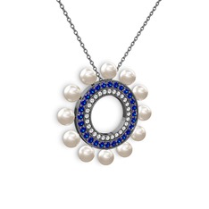 Velinda İnci Kolye - Inci, pırlanta ve lab safir 925 ayar siyah rodyum kaplama gümüş kolye (0.42 karat, 40 cm gümüş rolo zincir) #eq8689