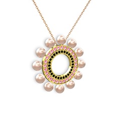 Velinda İnci Kolye - Pembe inci, siyah zirkon ve pembe kuvars 8 ayar altın kolye (40 cm rose altın rolo zincir) #eusww5