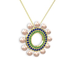 Velinda İnci Kolye - Pembe inci, yeşil kuvars ve lab safir 18 ayar altın kolye (40 cm altın rolo zincir) #f533fn