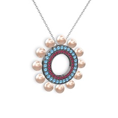 Velinda İnci Kolye - Pembe inci, rodolit garnet ve akuamarin 925 ayar siyah rodyum kaplama gümüş kolye (40 cm gümüş rolo zincir) #f8g78l