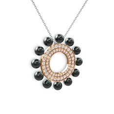 Siyah inci, swarovski ve pırlanta 925 ayar rose altın kaplama gümüş kolye (0.2464 karat, 40 cm beyaz altın rolo zincir)