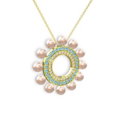 Velinda İnci Kolye - Pembe inci, swarovski ve akuamarin 14 ayar altın kolye (40 cm altın rolo zincir) #go2a54