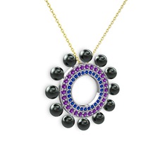 Siyah inci, lab safir ve ametist 8 ayar beyaz altın kolye (40 cm altın rolo zincir)