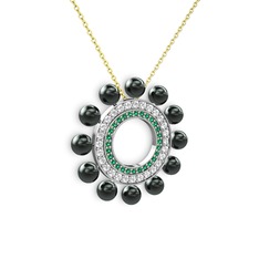 Velinda İnci Kolye - Siyah inci, yeşil kuvars ve pırlanta 925 ayar gümüş kolye (0.2464 karat, 40 cm altın rolo zincir) #gvb2bl