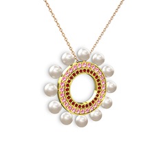 Inci, garnet ve pembe kuvars 14 ayar altın kolye (40 cm rose altın rolo zincir)