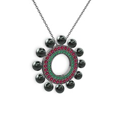Velinda İnci Kolye - Siyah inci, yeşil kuvars ve rodolit garnet 925 ayar siyah rodyum kaplama gümüş kolye (40 cm gümüş rolo zincir) #h8rpqt