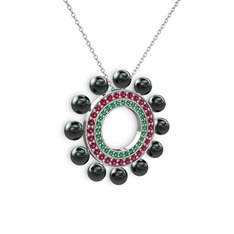 Siyah inci, yeşil kuvars ve rodolit garnet 14 ayar beyaz altın kolye (40 cm beyaz altın rolo zincir)