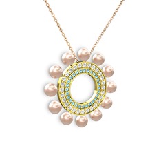 Velinda İnci Kolye - Pembe inci, akuamarin ve swarovski 18 ayar altın kolye (40 cm rose altın rolo zincir) #hpdxf2